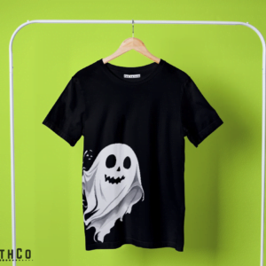 "Cute ghost printed t-shirt - Adorable ghost illustration on a white background."