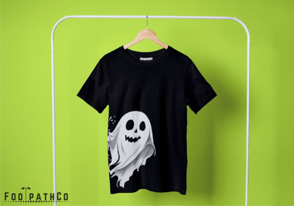 "Cute ghost printed t-shirt - Adorable ghost illustration on a white background."